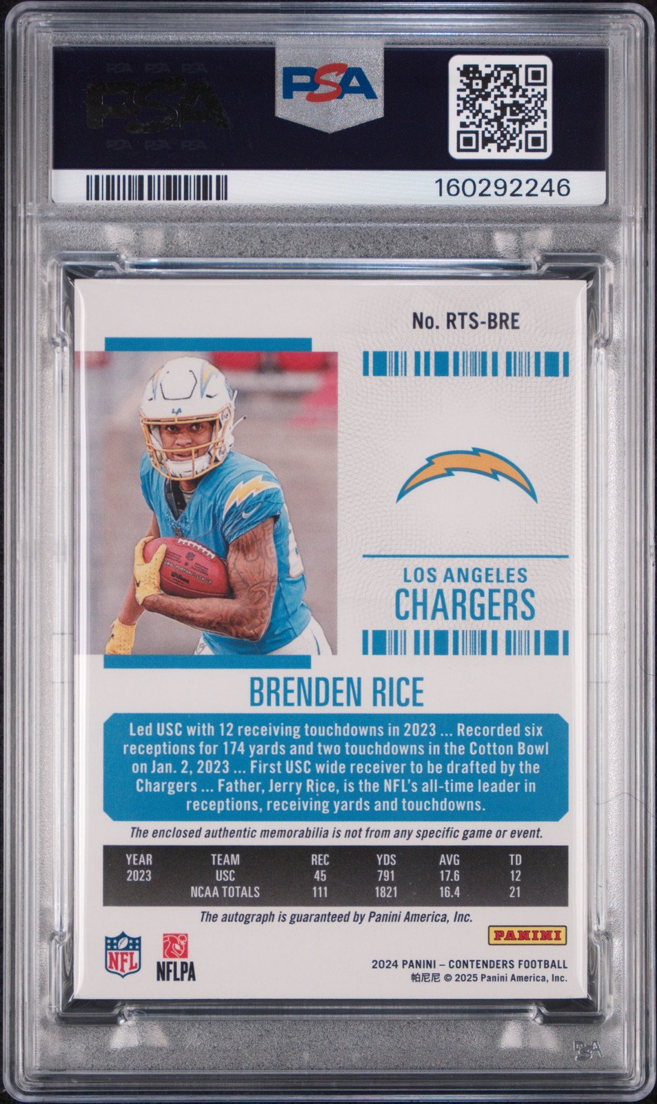 2024 CONTENDERS ROOKIE TICKET SWATCHES AUTO BRENDEN RICE RC 09/25 PSA 8 AUTO 10 view 2