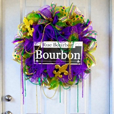 Mardi Gras Bourbon Street Wreath Rue Bourbon Sign Fleur de Lis Beads 24'' Decor