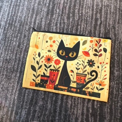Black Cat Zip Bag Fall Plants Pouch Makeup Kitty Pencil Bag Cat Lady Gift New