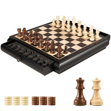 Wooden Chess Checkers Game Set 15.5" Large Size Board w/Storage Drawers, Weig...