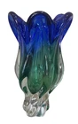 Tulip Vintage Blue Green Art Glass Deco Vase 10 Tall - Murano Style