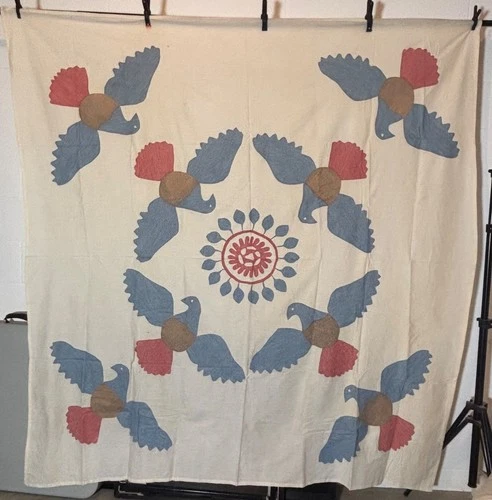 Antique Vintage Cotton Fabric Early 1900s 8 Appliqué Eagles Summer Spread Quilt