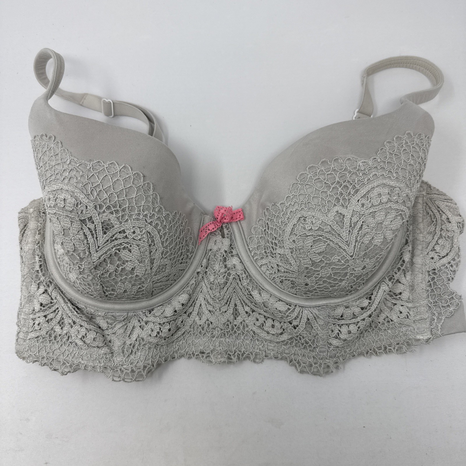 Womens 34D Victorias Secret Bra Lined Demi Gray Lace Underwire Bow Floral