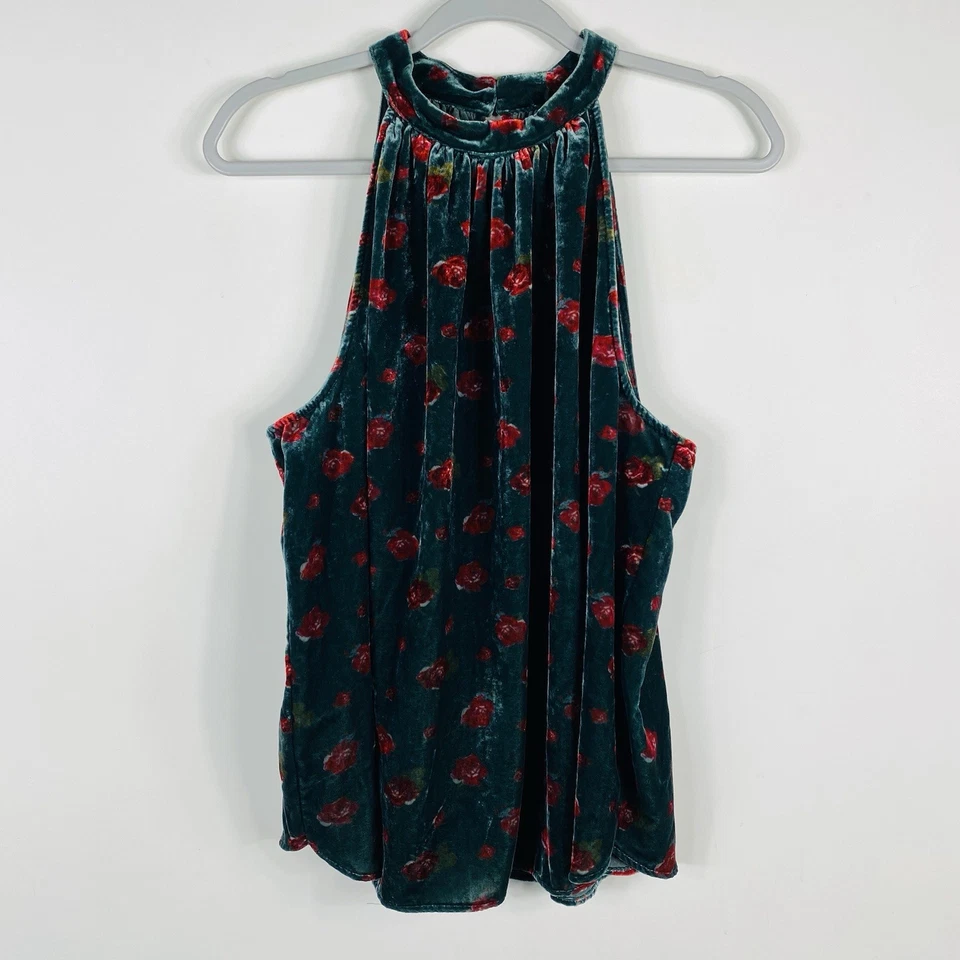 Top Ann Taylor LOFT Talla Grande Estampado Floral Terciopelo Cuello Halter Verde Foto 3 de 4