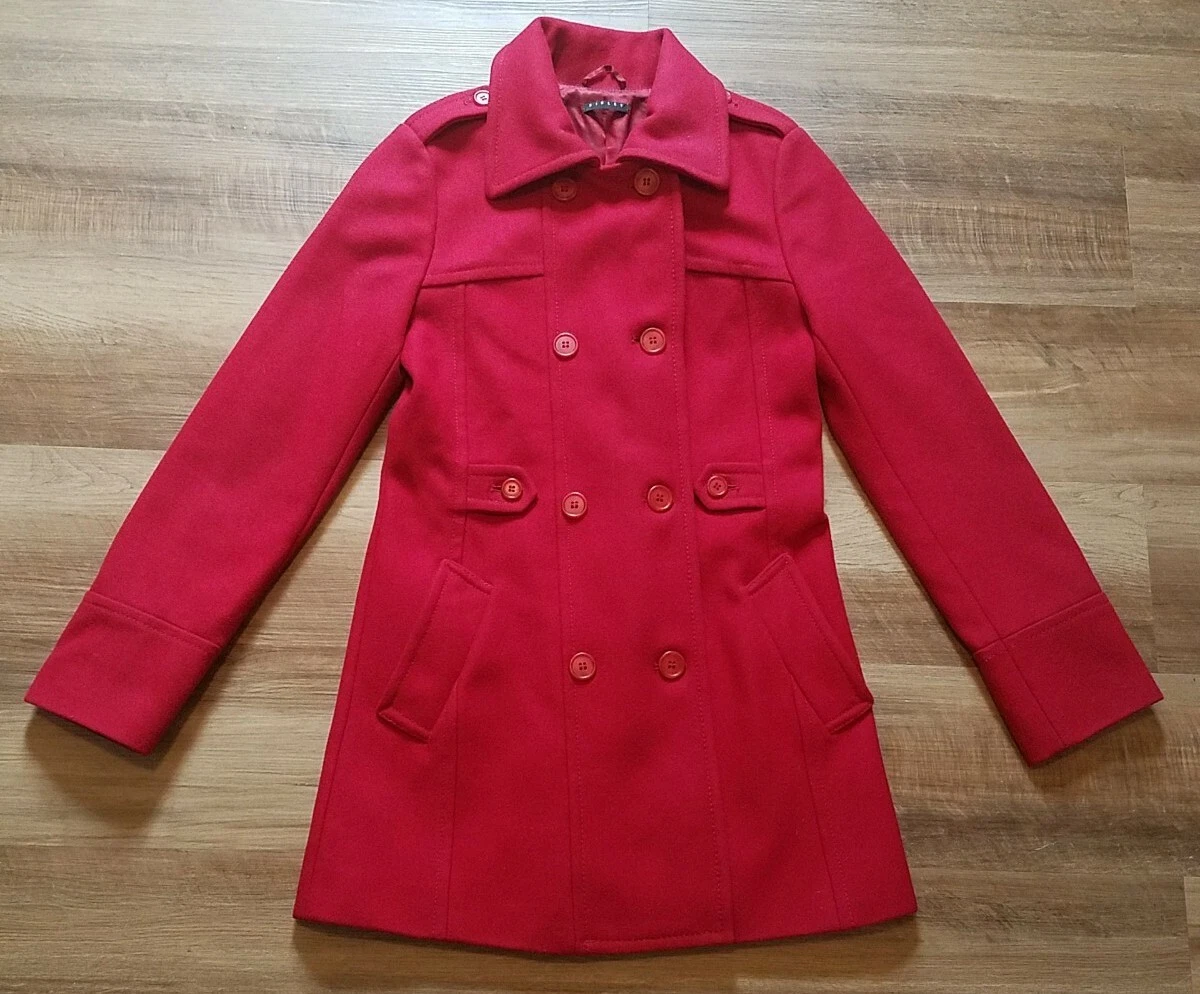 Sisley Red 90 Wool Blend Coat Double Breasted Cherry Red Size S M