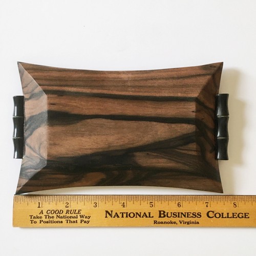 Vintage Dark Wood Tray w Bamboo Handle - Picture 4 of 5