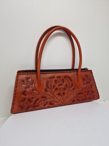 Alexis David Tooled Leather Flower Print HandBag Purse Floral Orange Embossed