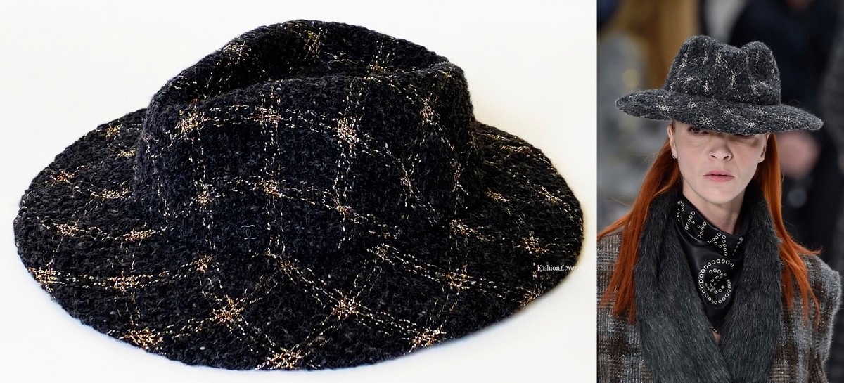 19K CHANEL DARK GREY SILVER GOLD WOOL FANTASY TWEED RUNWAY BOATER