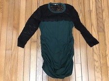 Kimi  Kai Black Lace Detail Long Sleeve Top Small Green Ruched Sides Rayon Span