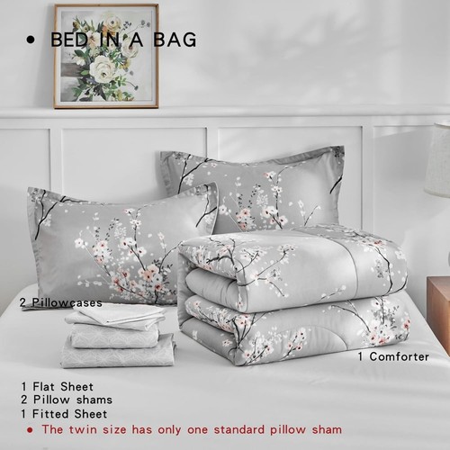Reversible Twin Size Bed Set - Lightweight Floral Microfiber Comforter & Sheets - Picture 9 of 10