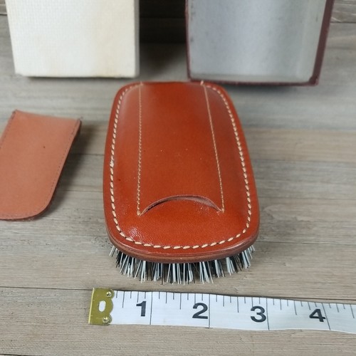 Vintage Leather stitched boar hair Beard hair Brush in box barber cosmetics - Picture 7 of 23