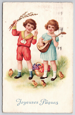 Vintage Easter Joyeuses Paques Postcard, Children w/ Chicks, Posted Apr 4 1931