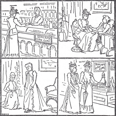 1800's comic strip Drug Store Dunlaps Corn Cure Before & After Advertising CARD