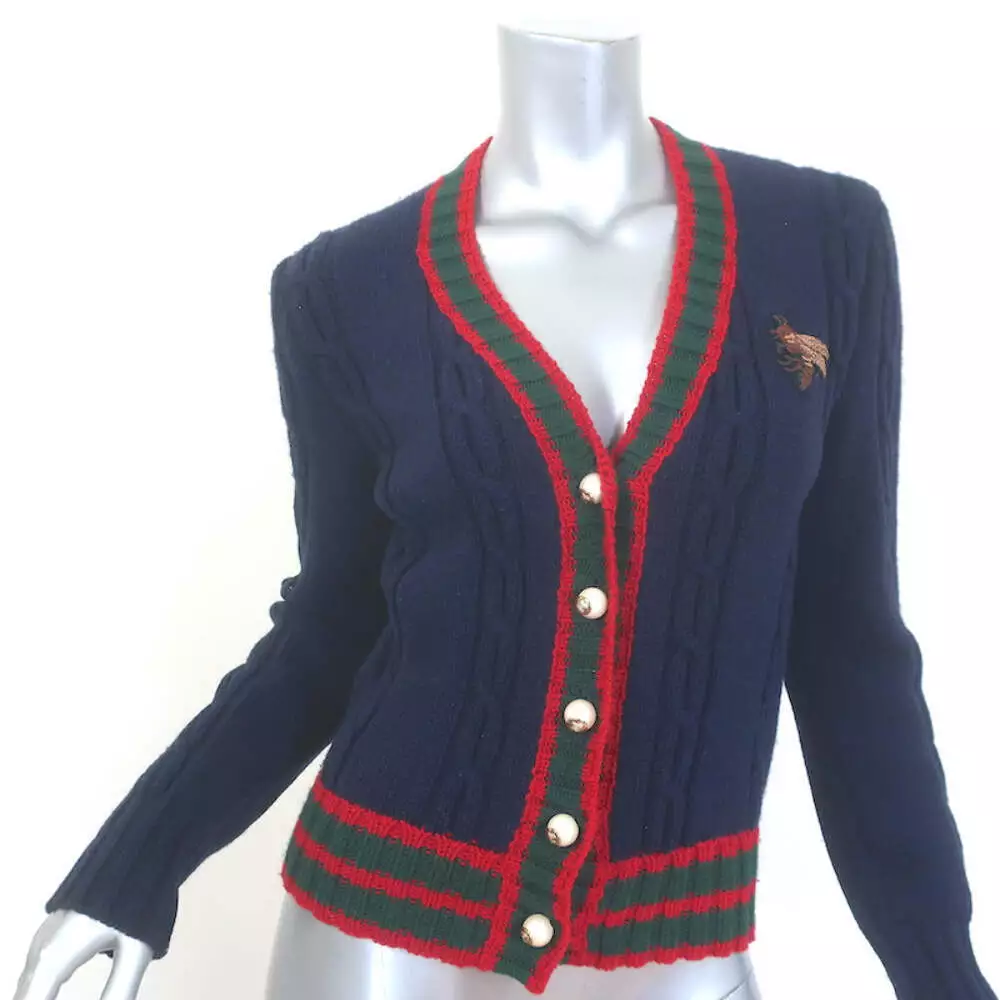Cardigan Gucci brodé abeille laine marine côtelé tricot taille S pull col V
