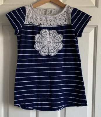Lily Bleu Glrls Size L/14 Short Sleeve Blue Navy White Floral Striped