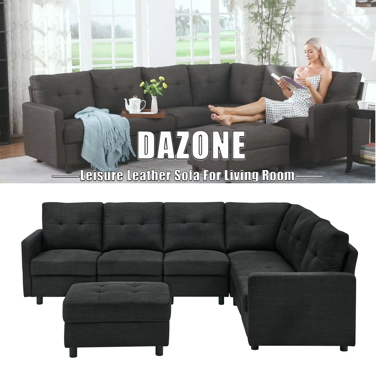 7 Seat Contemporary Sectional Sofa Modern Set Microsuede Reversible Chaise