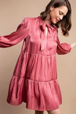 New GIGIO S M Rose Metallic Sheen Satin Tiered Front Tie Date Night Dress