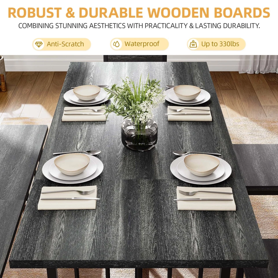 Juego de mesa de comedor de 6 piezas para 6-8 personas Mesa de cocina de 63" con bancos y 4 sillas Foto 4 de 4