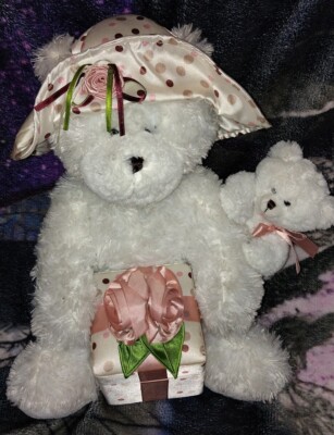 Hugfun  plush Bears Rose & Rikki  11'' Gift Box Present Wrapped stuffed toy White