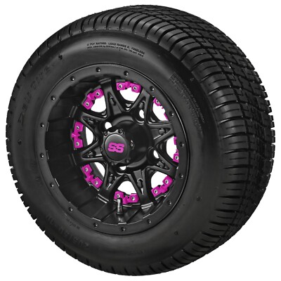 (4) 205/50-10 Low Pro Tires on 10x7 Matte Black Revenge Wheels w/Pink Inserts