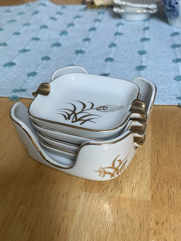 Vintage Lefton China Gold Wheat Square Ashtray Coaster Set Vintage Japan