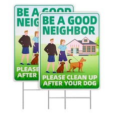 Clean Up After Your Dog Signs, 2 Pack 12"x9" with Metal H-Stakes Be a Good Ne...