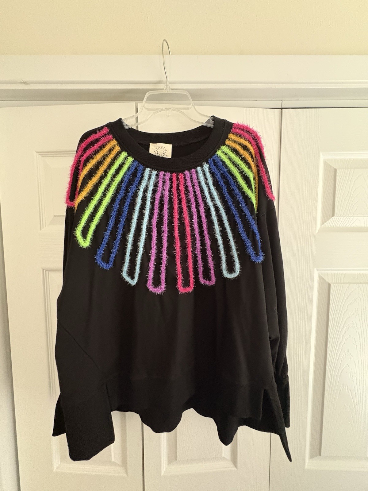 Fantastic Fawn Black Sweater With Multicolored Accents. NWT. Size M