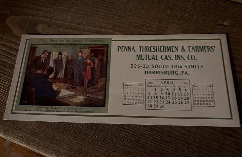 Pa Threshermen  & Farmser’ Mutual Cas. Ins. Co, HarrisburgPa Ink Blotter 1946