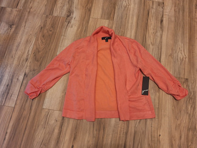 Womens GNW Open Front Cardigan Shrug Sweater 3/4 Sleeve Ruched S Coral Orange