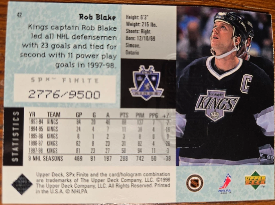 1998-99 Upper Deck SPx Finite Rob Blake #42 #d/9500 Los Angeles Kings Mint HOF - Image 2 of 2