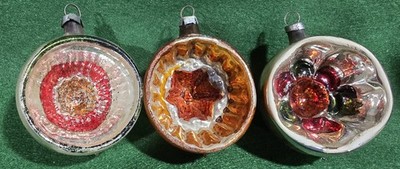3 Antique Christmas Hand Blown & Painted Indent Feather Tree Ornaments 2''  