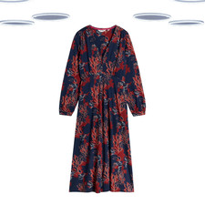 Ex White Stuff Women's Midi Dress- Migan Long Sleeve Floral Jersey V-Neck Navy