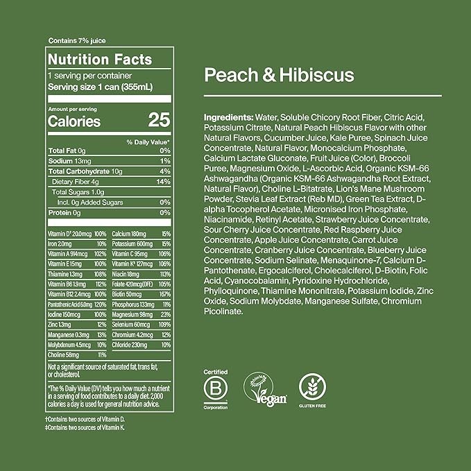 Huel Daily Greens | Peach Hibiscus Superfood Greens | 12 Fl Oz, 12