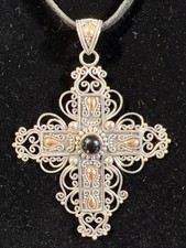 925 Silver w/18K Gld Accents/Black Gemstone Bali Ornate Scroll Filigree Cross #6