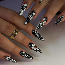 24Pcs Halloween Press on Nails Medium Almond Black Fake Nails with Cute Ghost F