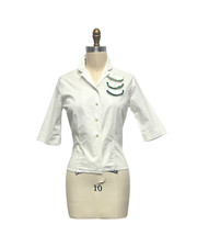 1950s WHITE BLOUSE WITH GREEN ACCENT FAUX POCKETS  1950s VINTAGE COTTON TOP