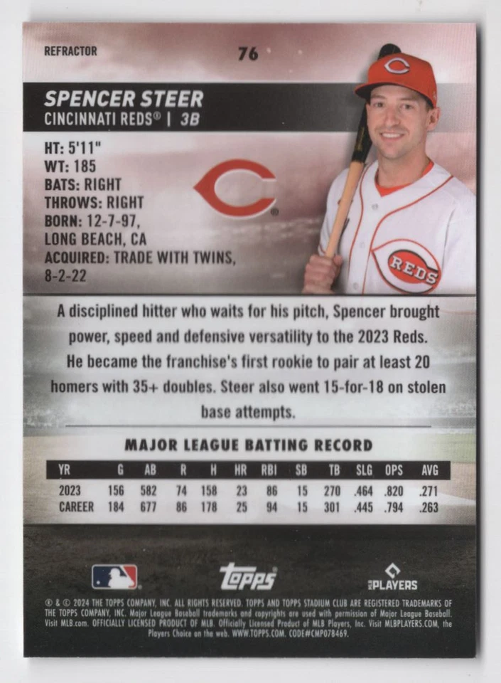 2024 Stadium Club Chrome Refractors Spencer Steer Cincinnati Reds #76 - Image 2 of 2