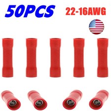 50pcs Red Fully Insulated Butt Connectors 22-16AWG Wire Crimp Splice Terminals