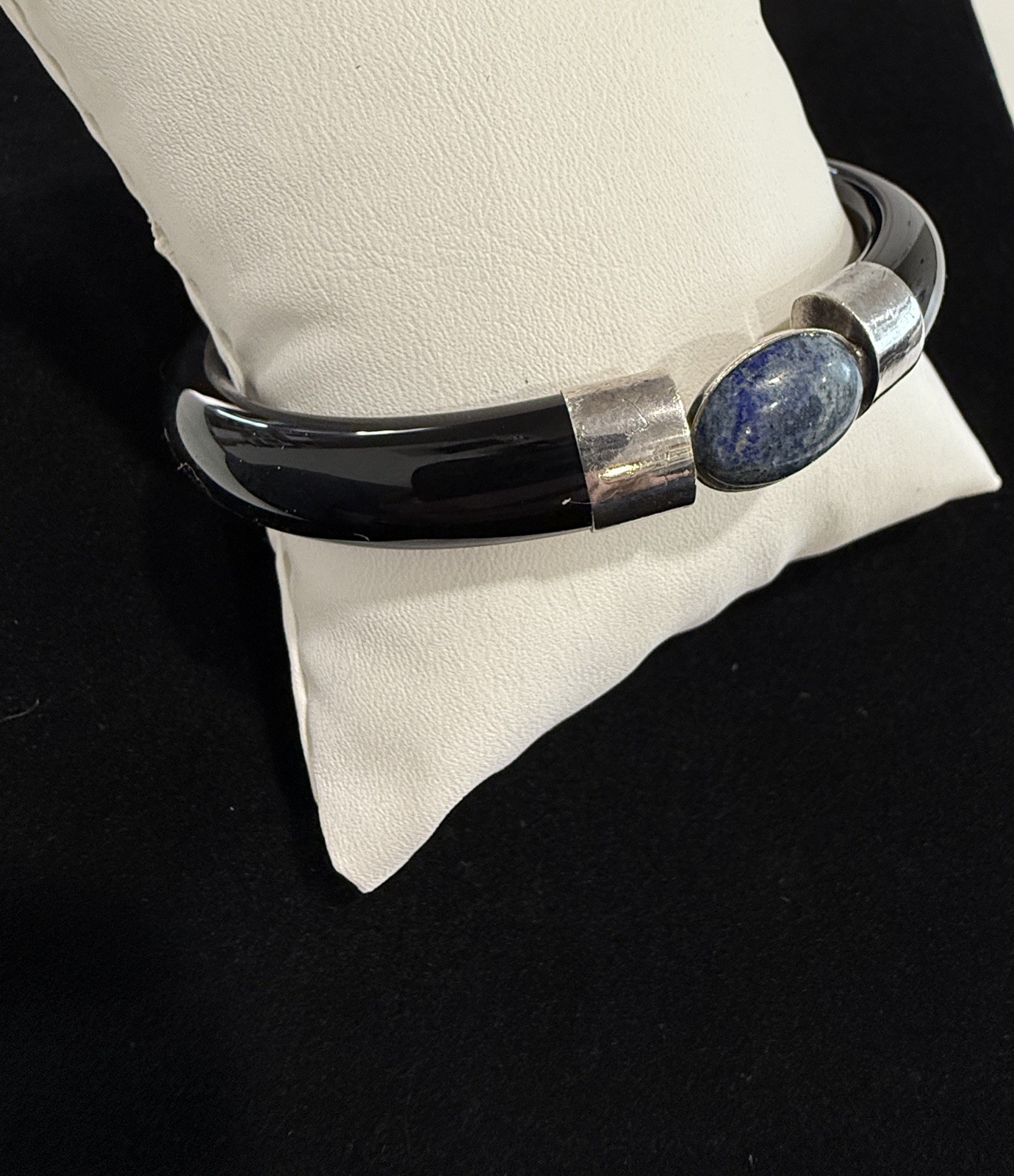 Vintage Solid Black Onyx Bangle with Sterling Sil… - image 1