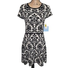CeCe by Cynthia Steffe Black White Damask Knit Fit Flare Dress Size S