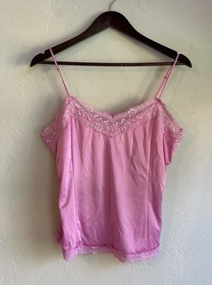 Vintage Y2K Worthington Pink Satin Lace Cami Tank L Fairy Grunge Coquette Dainty