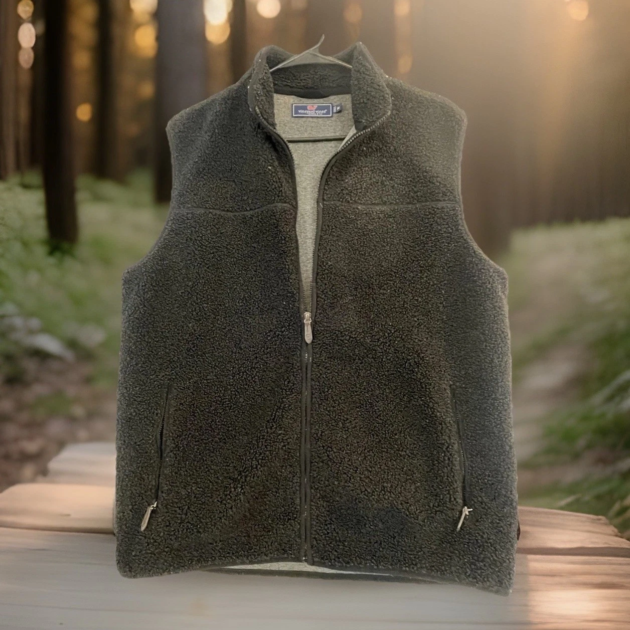 Vineyard Vines Vest Mens M Black Sherpa Fleece Full Zip Pockets Lined Casual