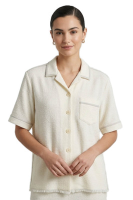 Nanushka Women Collared Short Sleeve Button-Up Ivory Cotton Linen Size XS