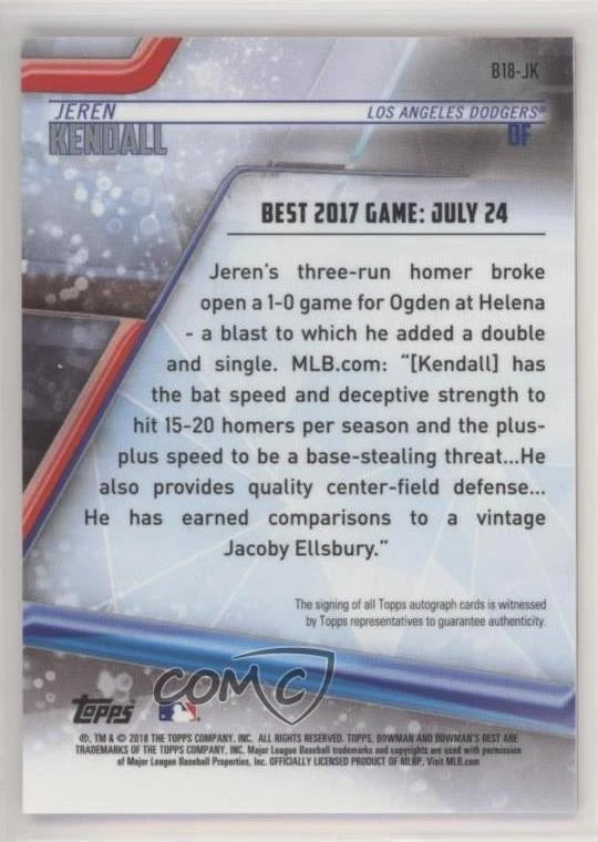 2018 Bowman's Best of Red Refractor /10 Jeren Kendall #B18-JK Auto - Image 2 of 2