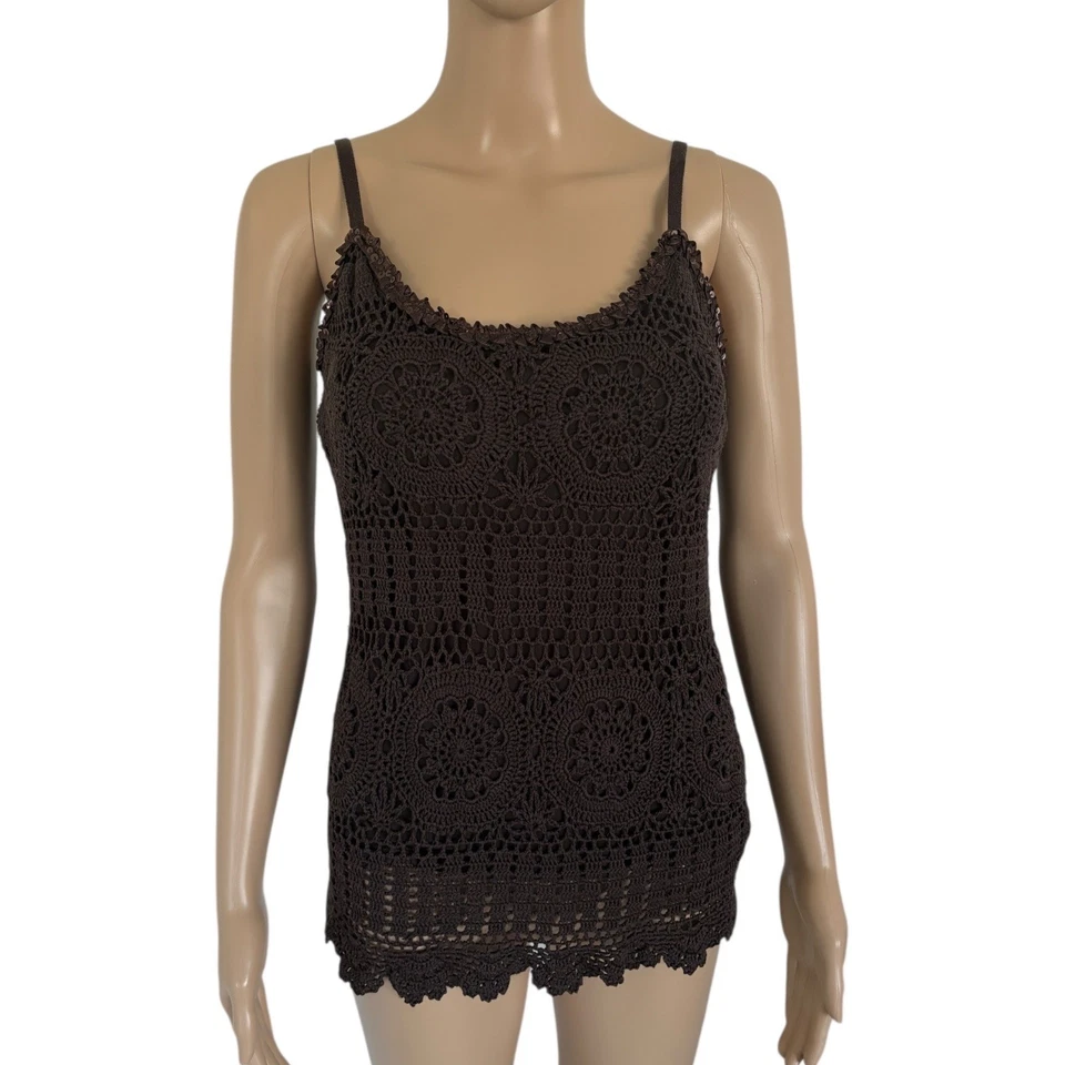 Camiseta sin mangas de ganchillo Y2K marrón mezcla de seda lentejuelas boho festival terroso Fairycore Foto 2 de 4