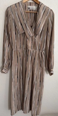 PIERRE BALMAIN Vtg Taupe 6 Dress Stripe Longsleeve Career Collared 70s 80s