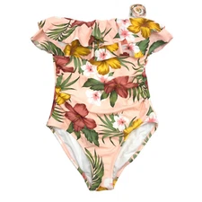 Kona Sol Womens Size M 8-10 Swimsuit One-Piece High Coverage Ruffle Floral Pink