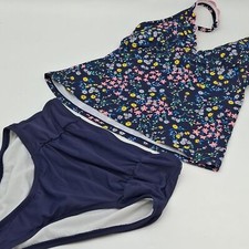 Draper James Tankini Set Womens Small RSVP V-Neck Scallop High Waist Navy Blue S