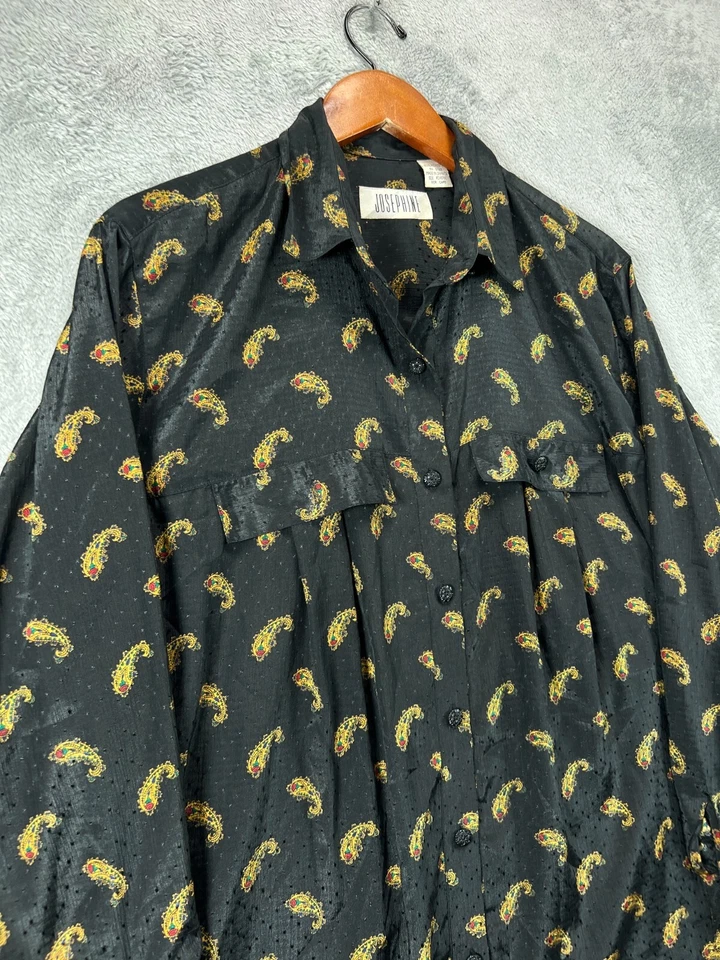 VTG Josephine Satin Button Up Shirt Top Womens Large Black Paisley Long Sleeve - Image 2 of 4
