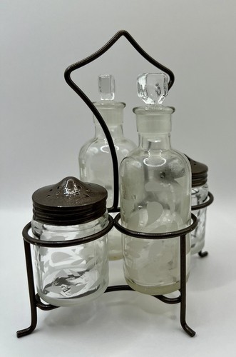 Cruet vintage set 5 pezzi sale pepe olio aceto incisione vetro cottage tavolo - Foto 2 di 10